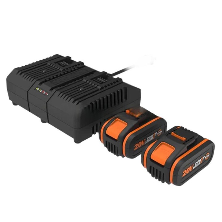 Worx WA3611 akku- ja laturisarja, 2 × 20 V / 4,0 Ah, kaksipaikkainen 4 A:n pikalaturi