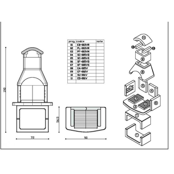 Linea VZ San Remo muurattu hiiligrilli, 57 × 40 cm, 3 korkeutta