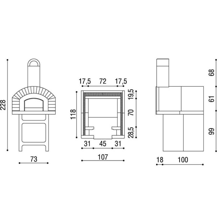 Linea VZ Portici puulämmitteinen ulkouuni, 72 × 70 cm paistokammio