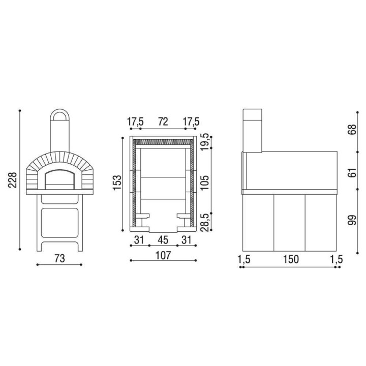 Linea VZ Pozzuoli puulämmitteinen ulkouuni, 72 × 105 cm