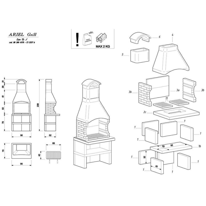 Palazzetti Ariel muurattu grillimoduuli puulle ja hiilelle, 68 × 37 cm