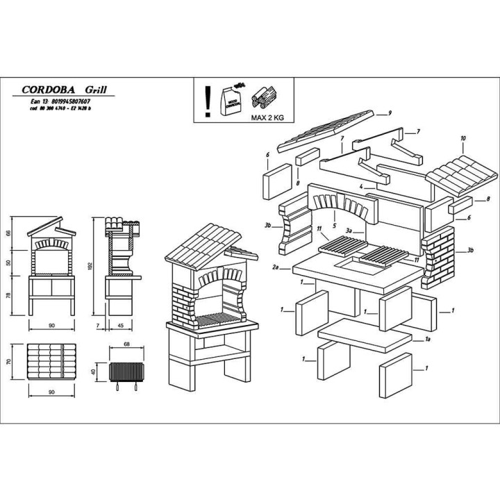 Palazzetti Cordoba muurattu grilli, puu- ja hiilikäyttöön, 68 × 37 cm