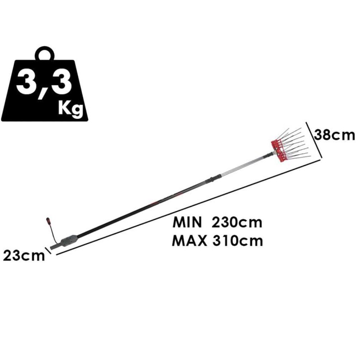 Lisam Swing 36V oliivinkorjuukampa, 8 + 8 hiilikuitupiikkiä, teleskooppivarsi 220–300 cm