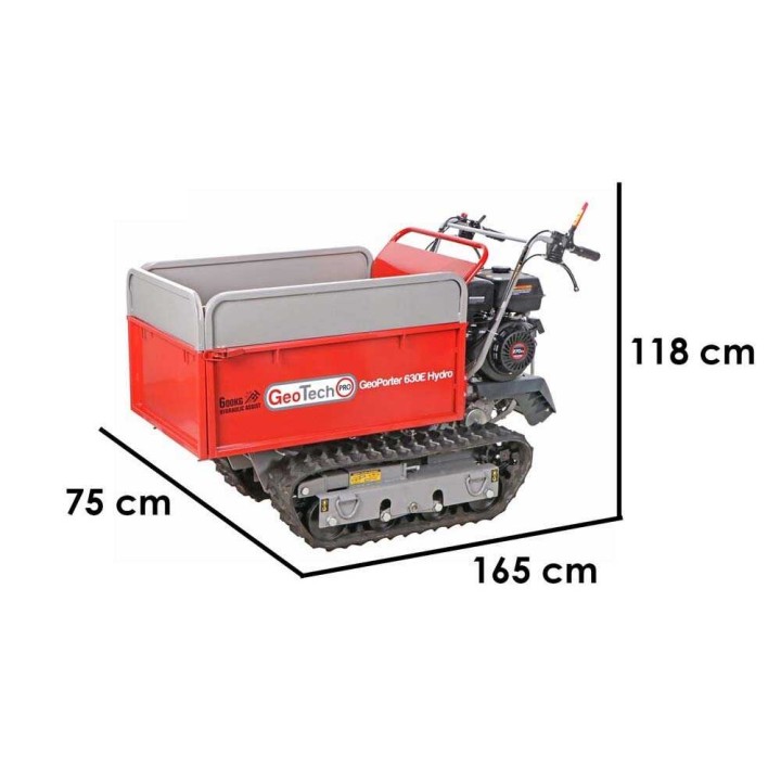 GeoPorter 630E Hydro telaketjukuljetin, jatkettava hydraulisesti kipattava lava, 600 kg, 9 HP