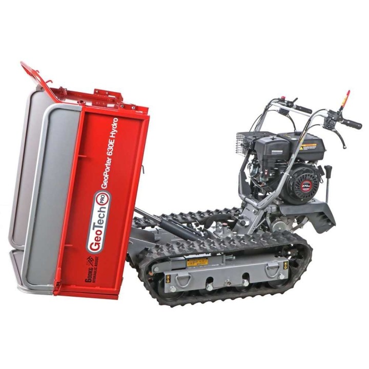 GeoPorter 630E Hydro telaketjukuljetin, jatkettava hydraulisesti kipattava lava, 600 kg, 9 HP