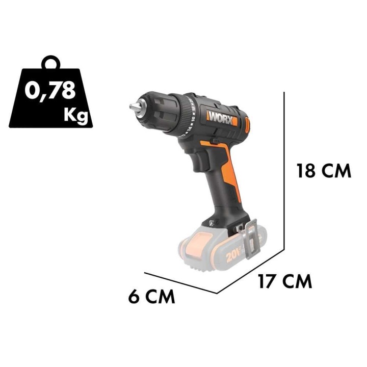 Worx WX100.9 akkuporakone-ruuvinväännin, 20 V, ilman akkua ja laturia