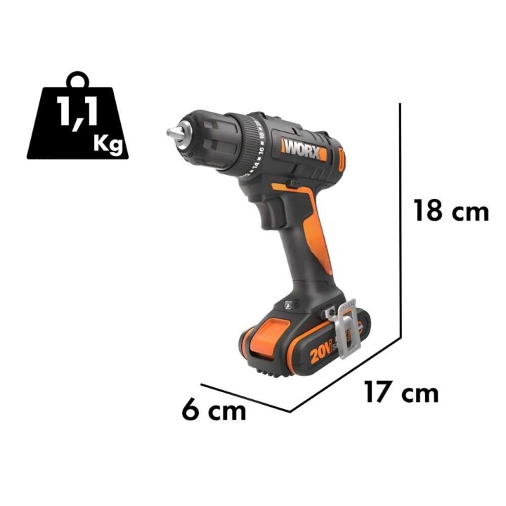 Worx WX100 akkuruuvinväännin, 20 V, 2 Ah, iskuporauksella