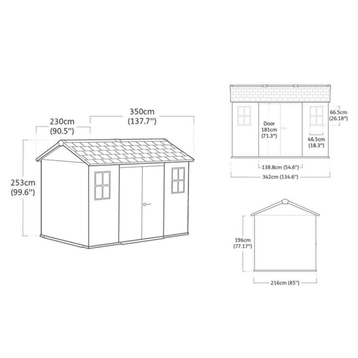 Keter Oakland 1175 puutarhamökki, 350 × 229 × 254 cm, PVC, kaksi ikkunaa