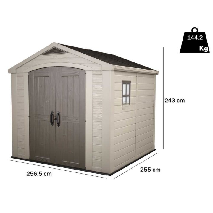 Keter Factor 8x8 beige puutarhamökki, 256,5 × 255 × 243 cm, PVC-rakenne