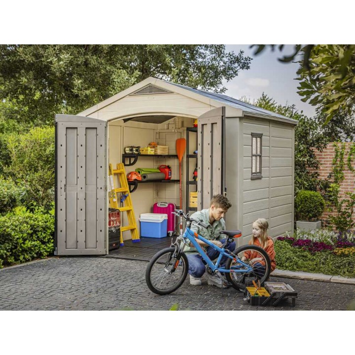 Keter Factor 8x8 beige puutarhamökki, 256,5 × 255 × 243 cm, PVC-rakenne