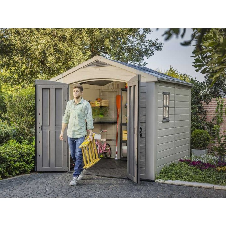 Keter Factor 8x8 beige puutarhamökki, 256,5 × 255 × 243 cm, PVC-rakenne