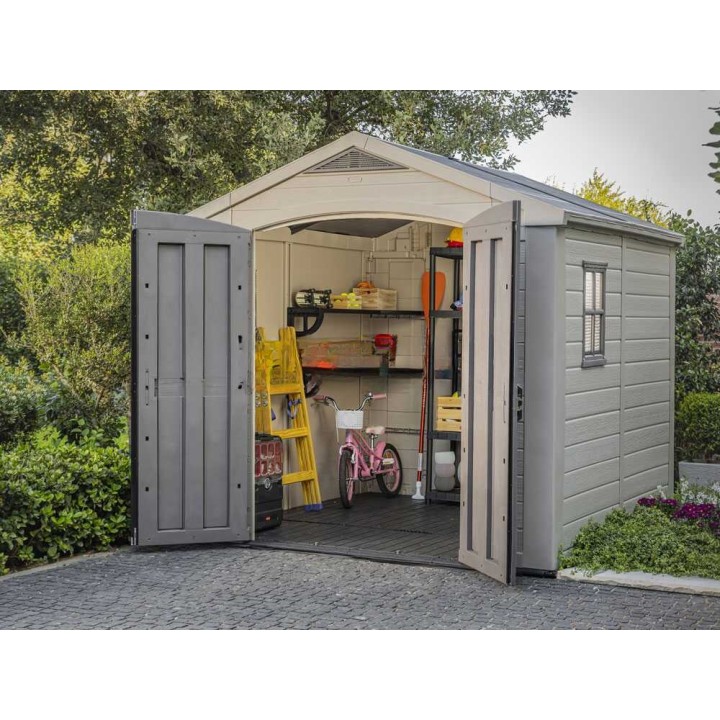 Keter Factor 8x8 beige puutarhamökki, 256,5 × 255 × 243 cm, PVC-rakenne