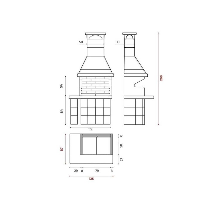 Edilmark Primavera L muurattu hiili- ja puugrilli, 79 × 35 cm, 700 kg