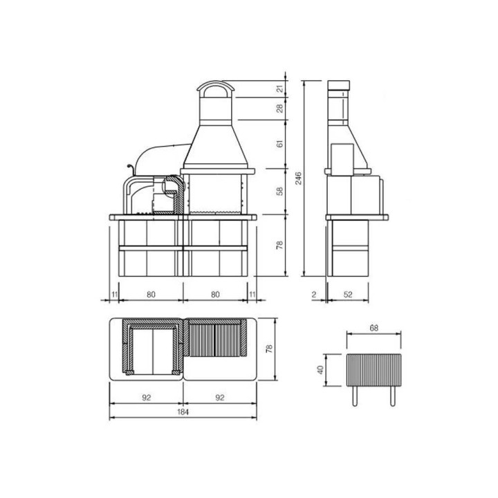 Palazzetti Grado 2 muurattu grilli ja uuni, 68 × 40 cm, puu- ja hiilikäyttöinen