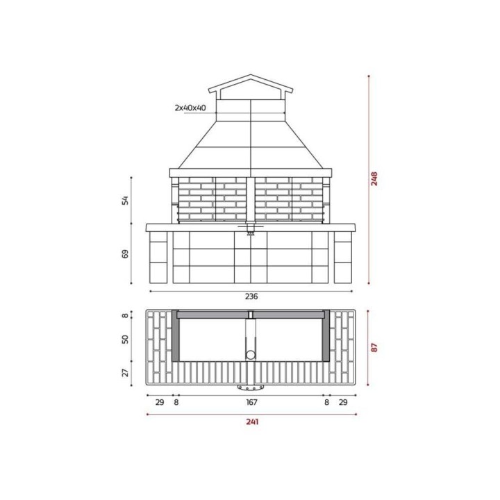 Edilmark Golia muurattu grilli puulle ja hiilelle, 79 × 50 cm, 1 260 kg