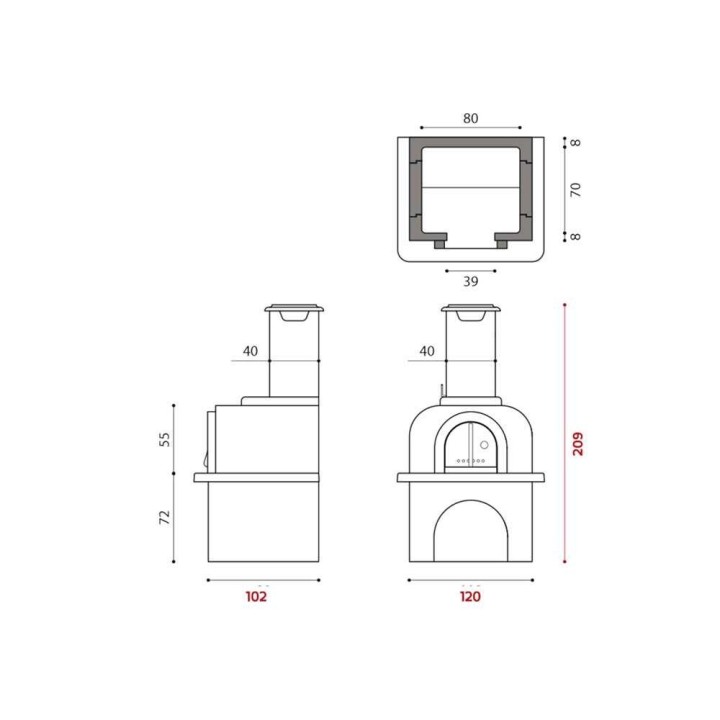 Pizeta puulämmitteinen ulkouuni, paistokammio 80 × 70 cm, 5 600 cm²
