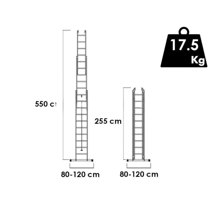 S.T.P. Tria 3TR kolmiosainen alumiinitikas, 3 × 8 askelmaa, 555 cm, 150 kg