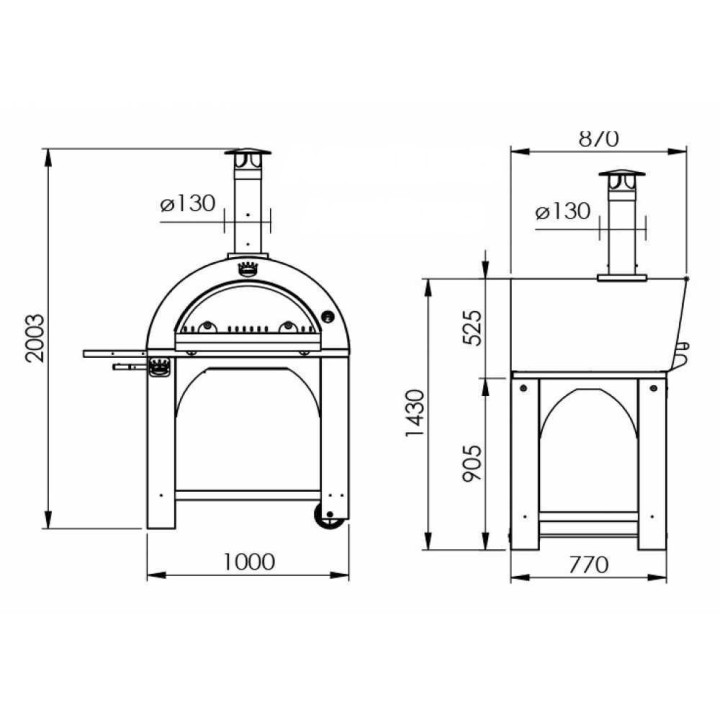 Cibus INOX 80 × 60 puulämmitteinen pizzauuni ulkokäyttöön, 4 pizzaa