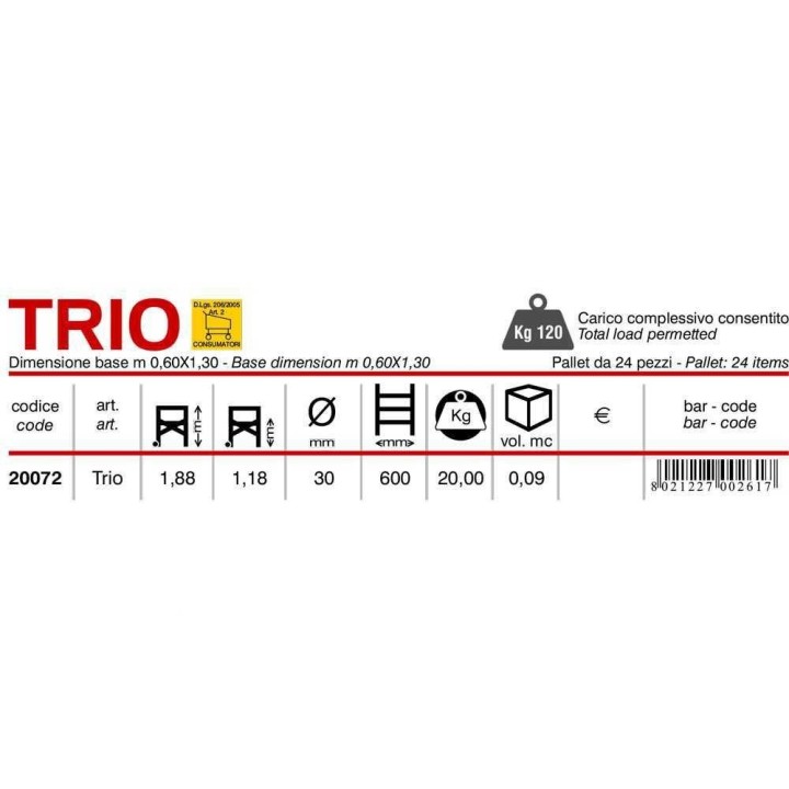Marchetti TRIO liikuteltava teline sisäkäyttöön, 188 cm, 120 kg
