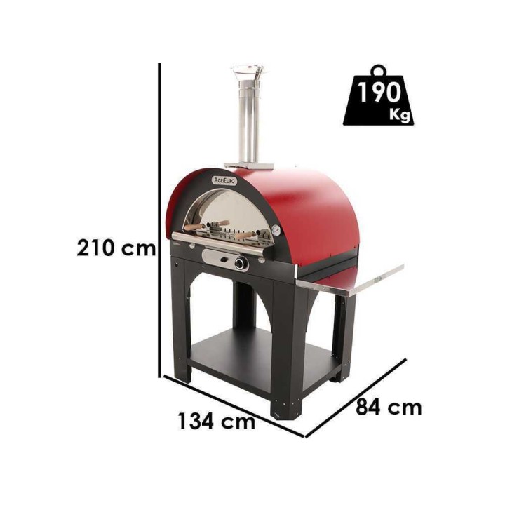 Pulcinella Rosso 80 × 60 -ulkopizzauuni, kaasu- ja puukäyttöinen, 4 pizzaa