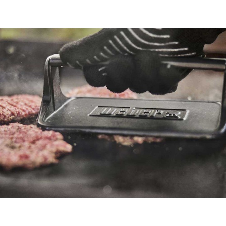 Weber-parilapuristin hampurilaisille ja pekonille, valurautaa, 7,4 × 23 × 15 cm