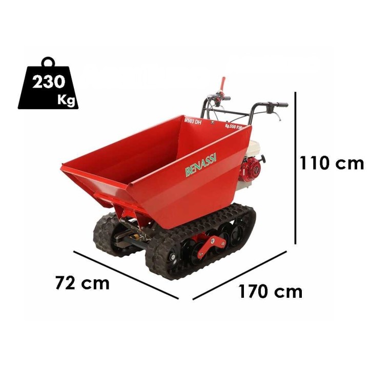 Benassi M503DH telaketjullinen moottorikuljetin, Honda GX160, 550 kg, hydraulinen dumper-lava