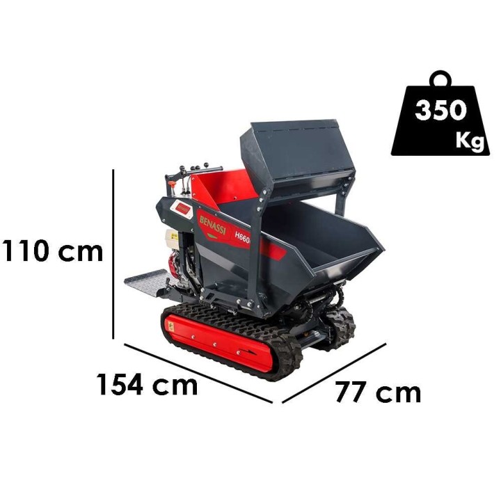 Benassi H660CS telaketjukärry, hydraulinen dumper-lava ja kuormauslapio, 600 kg, Honda GX270