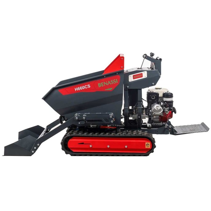 Benassi H660CS telaketjukärry, hydraulinen dumper-lava ja kuormauslapio, 600 kg, Honda GX270