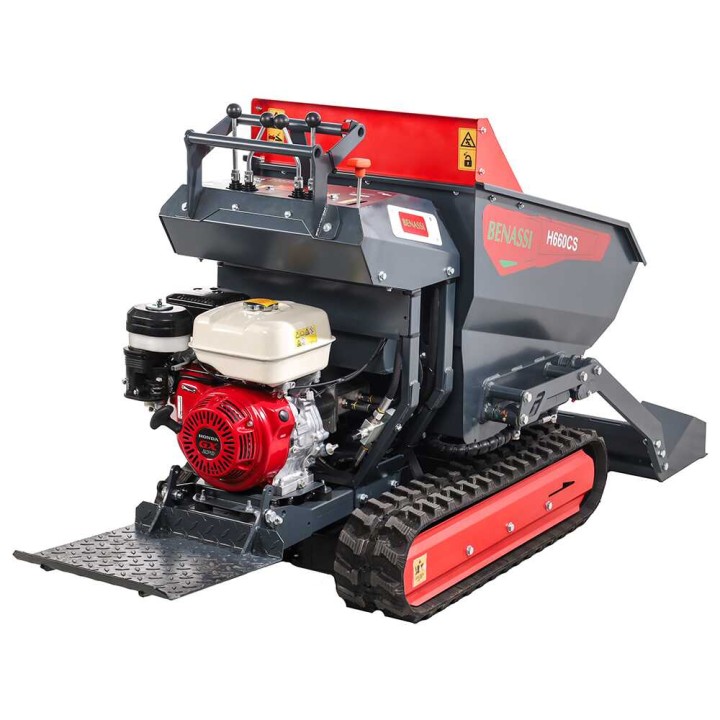 Benassi H660CS telaketjukärry, hydraulinen dumper-lava ja kuormauslapio, 600 kg, Honda GX270