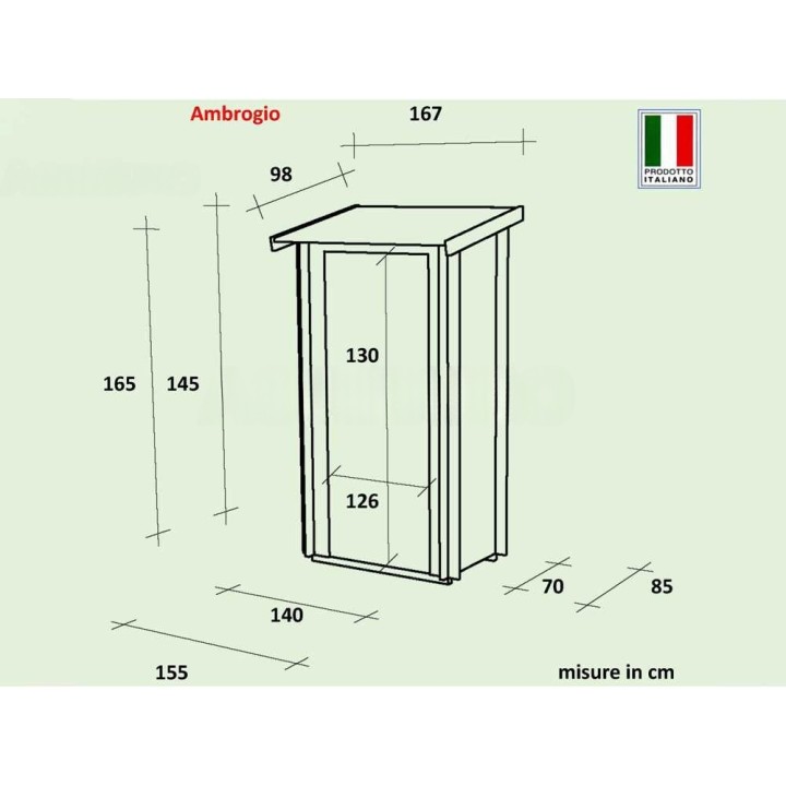 Ambrogio 155x85 puinen puutarhavaja työkaluille, 155 × 85 × 165 cm, lattia ja katto