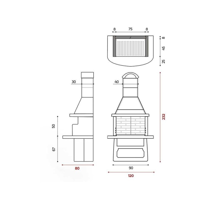 Edilmark GF75 muurattava hiiligrilli, 75 × 45 cm, 120 × 80 × 232 cm