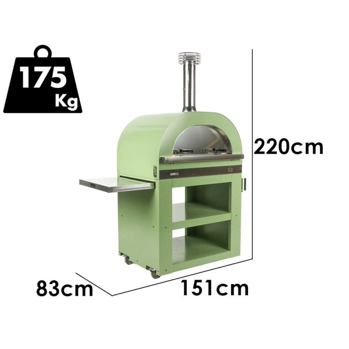 Clementi Gold Verde puulämmitteinen pizzauuni ulkokäyttöön, 80 × 60 cm, 4 pizzaa, 500 °C