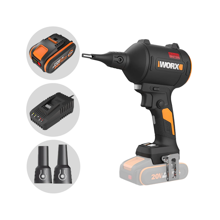 Worx WX099 akkukompressori 20 V 4 Ah puhallukseen ja täyttöön