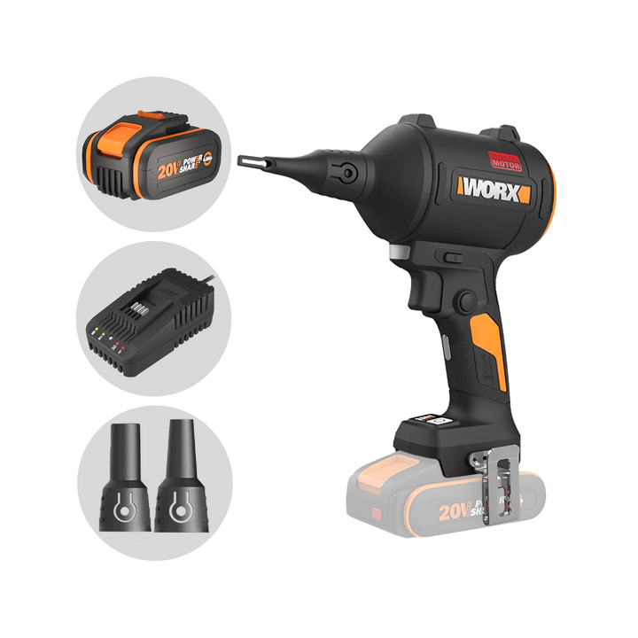 Worx WX099 akkukompressori 20 V 4 Ah 3 suutinta