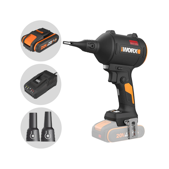Worx WX099 akkukompressori ja puhallin 20 V 2 Ah 3 suutinta