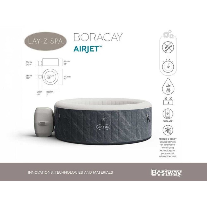 Bestway Lay-Z-Spa Boracay AirJet 60175 -kylpyallas, 180 × 180 × 66 cm, 120 AirJet-suutinta