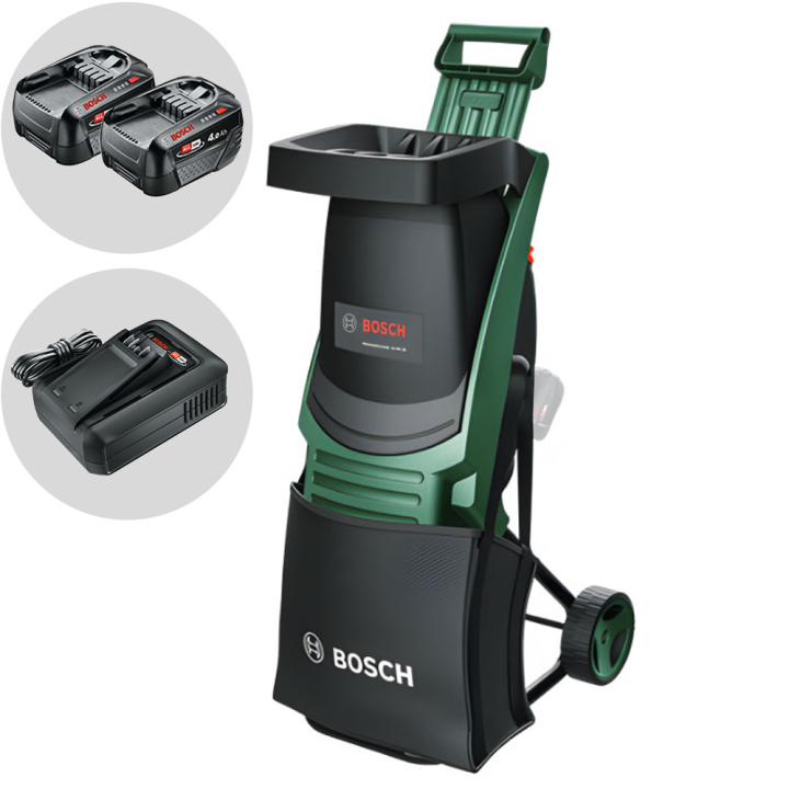 Bosch UniversalShredder akkukäyttöinen oksasilppuri 36 V 2 18 V 4 Ah