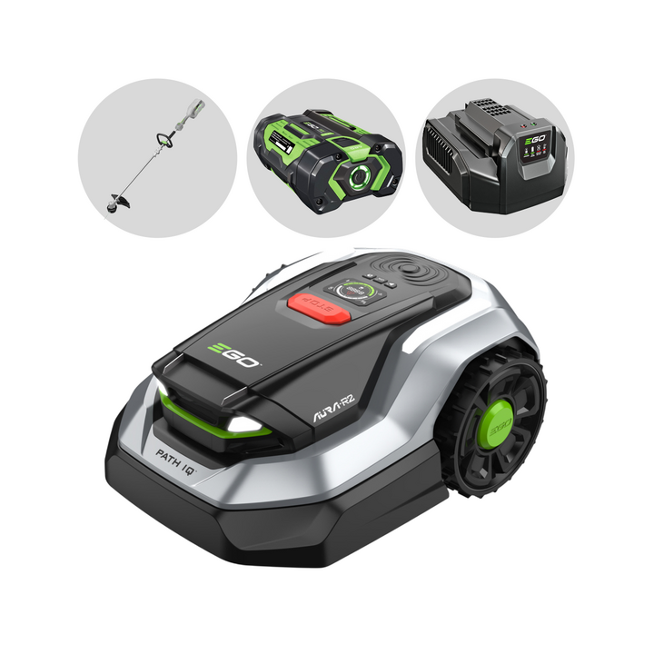 EGO AURA R2 RMR1500E robottiruohonleikkuri ja ST1300E S akkutrimmeri 1 500 m
