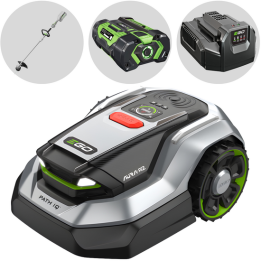 EGO AURA R2 RMR 6000 E robottiruohonleikkuri ja ST1300E S akkuraivaussaha 24 V 10 Ah