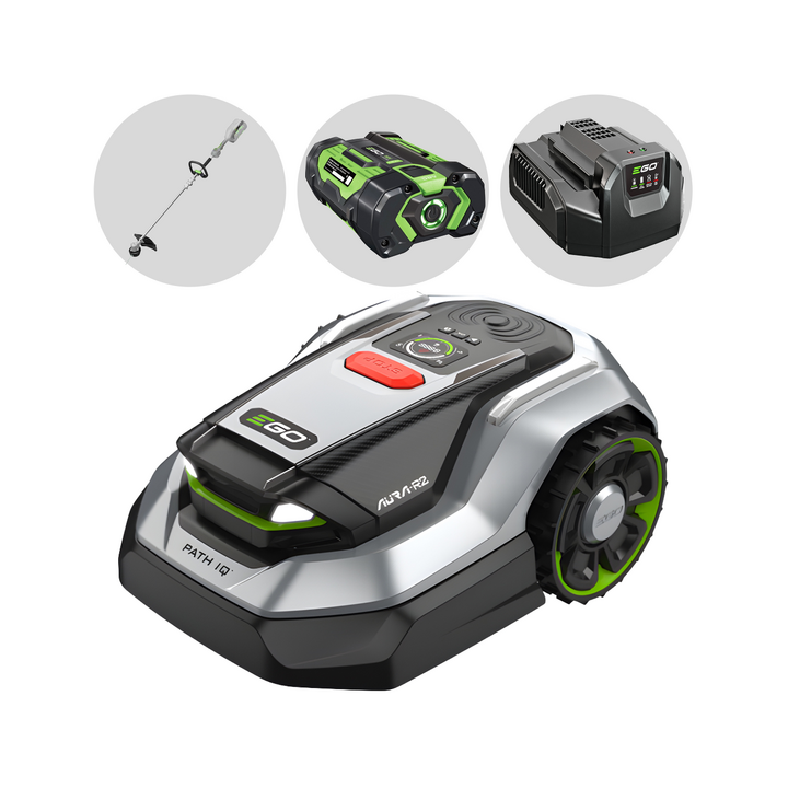 EGO AURA R2 RMR 6000 E robottiruohonleikkuri ja ST1300E S akkuraivaussaha 24 V 10 Ah