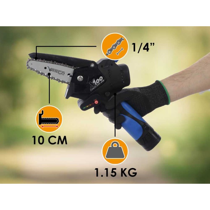 Vesco X100 akkukäyttöinen oksasaha, 350 W, 2 akkua, 14,4 V, 10 cm