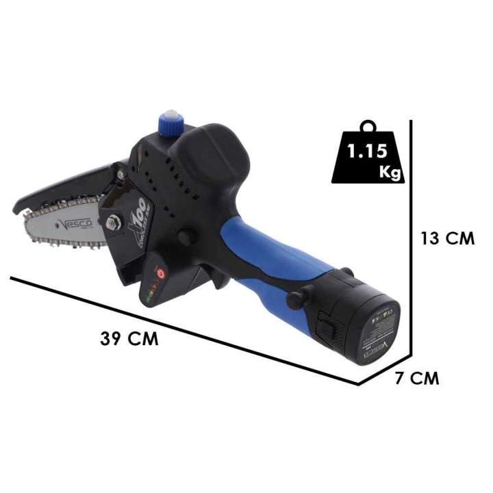 Vesco X100 akkukäyttöinen oksasaha, 350 W, 2 akkua, 14,4 V, 10 cm