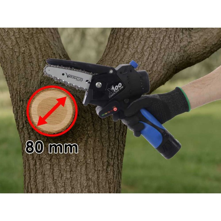 Vesco X100 akkukäyttöinen oksasaha, 350 W, 2 akkua, 14,4 V, 10 cm