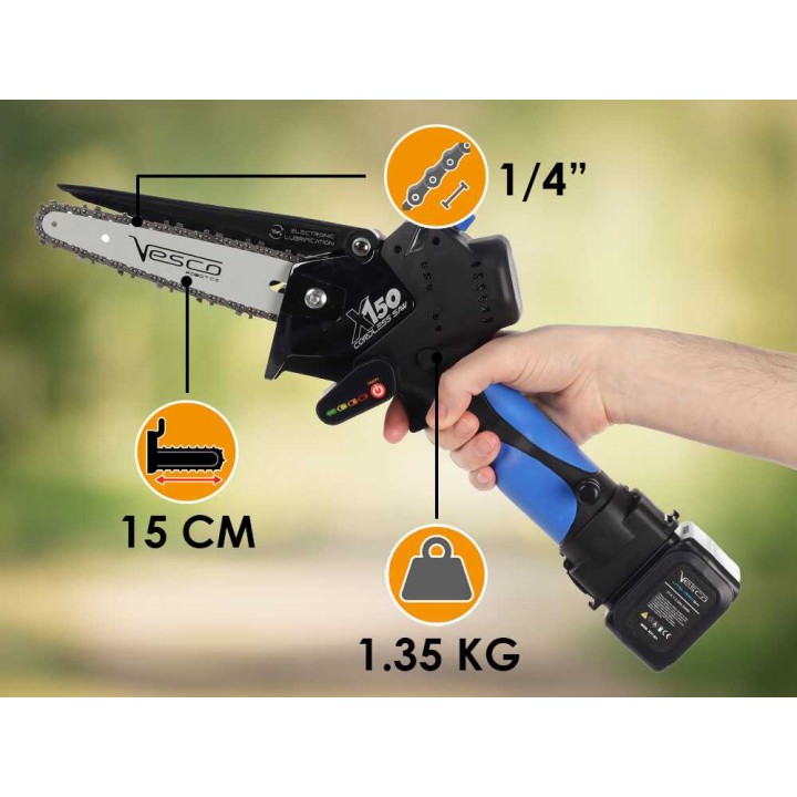 Vesco X150 akkukäyttöinen oksasaha teleskooppivarrella, 600 W, 2 × 21,6 V 2,5 Ah