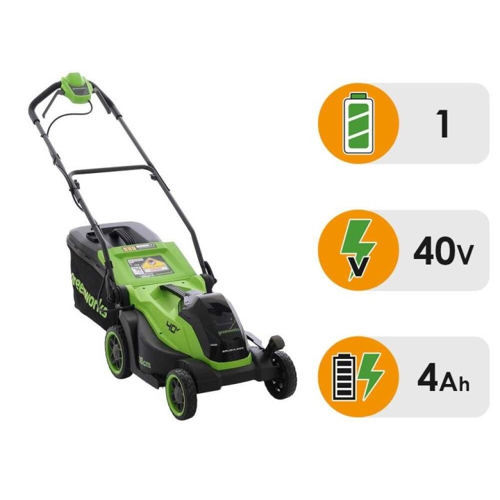 Greenworks MO40L411-01 akkuruohonleikkuri, 40 V, 4 Ah, leikkuuleveys 36 cm