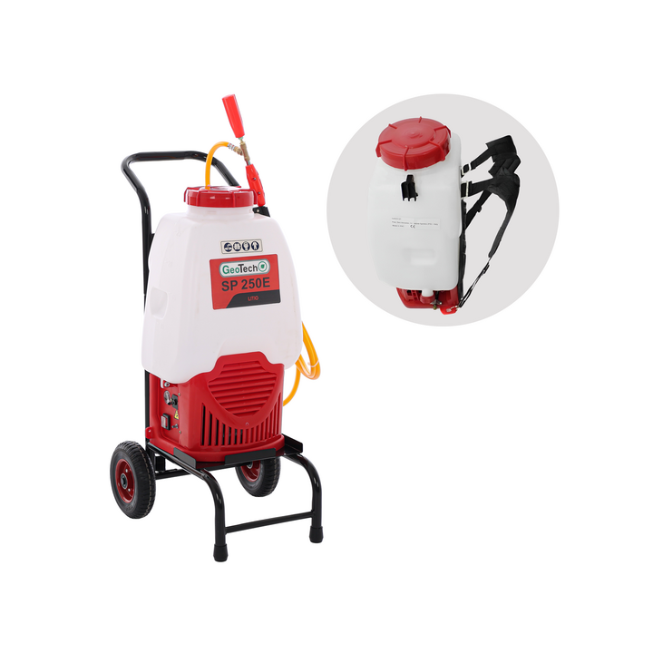 GeoTech SP 250 E akkukäyttöinen ruiskupumppu 25 l 12 V selkäkäyttö ja trolley