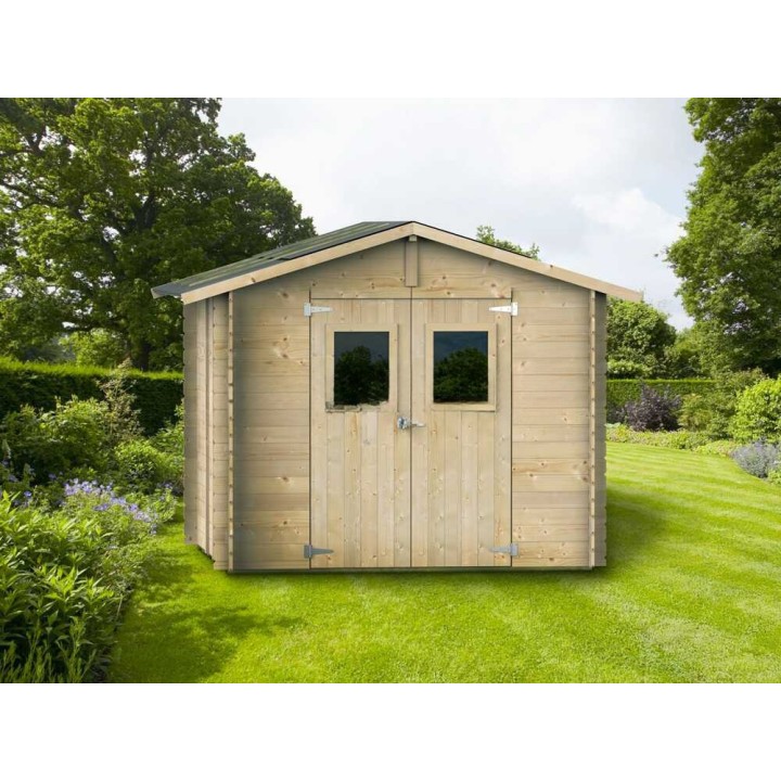 Iris 249x249 puinen puutarhavaja, 249 × 249 × 207 cm, ikkunallinen kaksilehtinen ovi