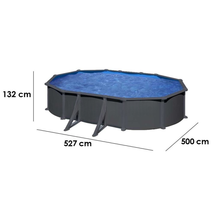 Anthracite Ovale 500 × 300 × 132 cm soikea teräsallas, hiekkasuodatin ja turvatikkaat