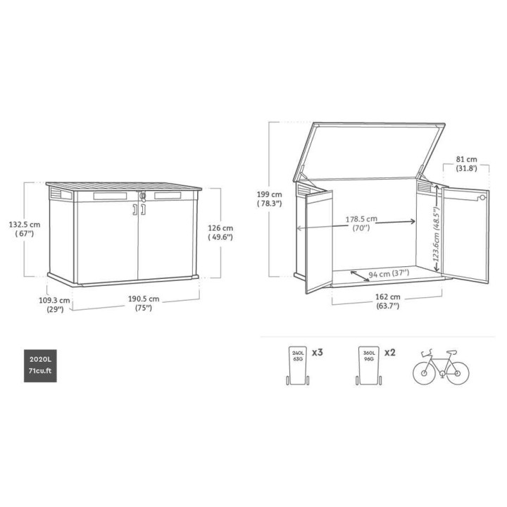 Keter Cortina Mega ulkosäilytin puutarhatyökaluille, 2 020 l, 190,5 × 109,3 × 132,5 cm