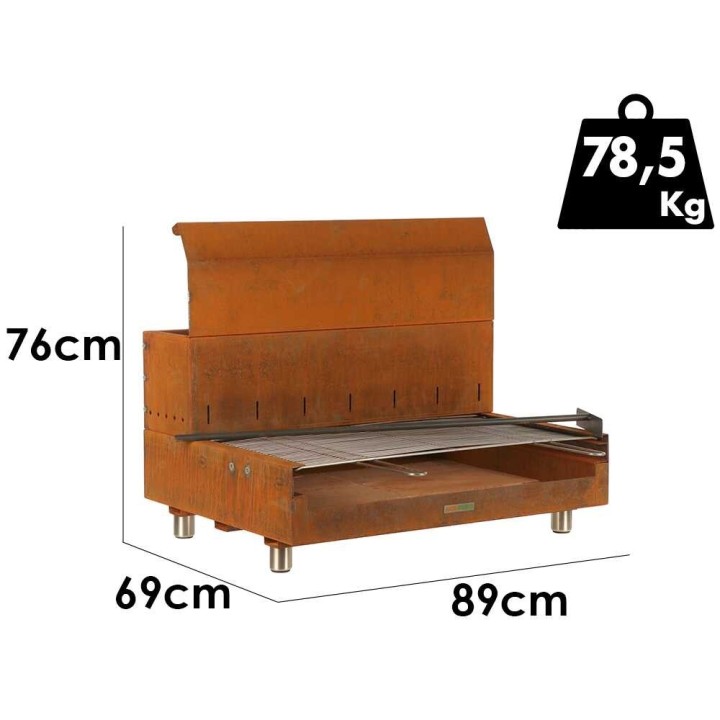 Folpo puu- ja hiiligrilli Corten-teräksestä, 88 × 45 cm, 3 960 cm²